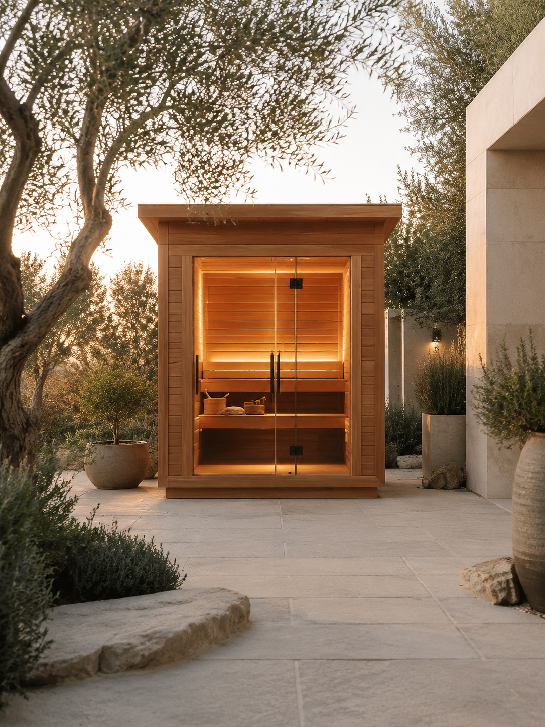 Premium outdoor cedar sauna in a landscaped luxury courtyard