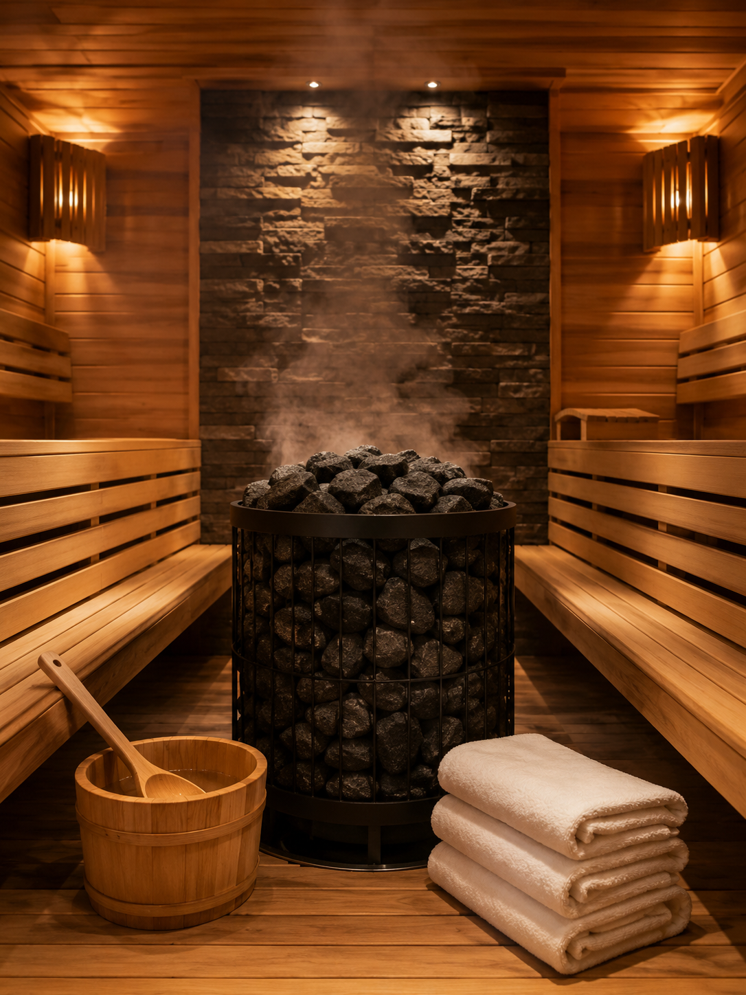 Luxury traditional cedar sauna with stone heater, steam, bucket and ladle