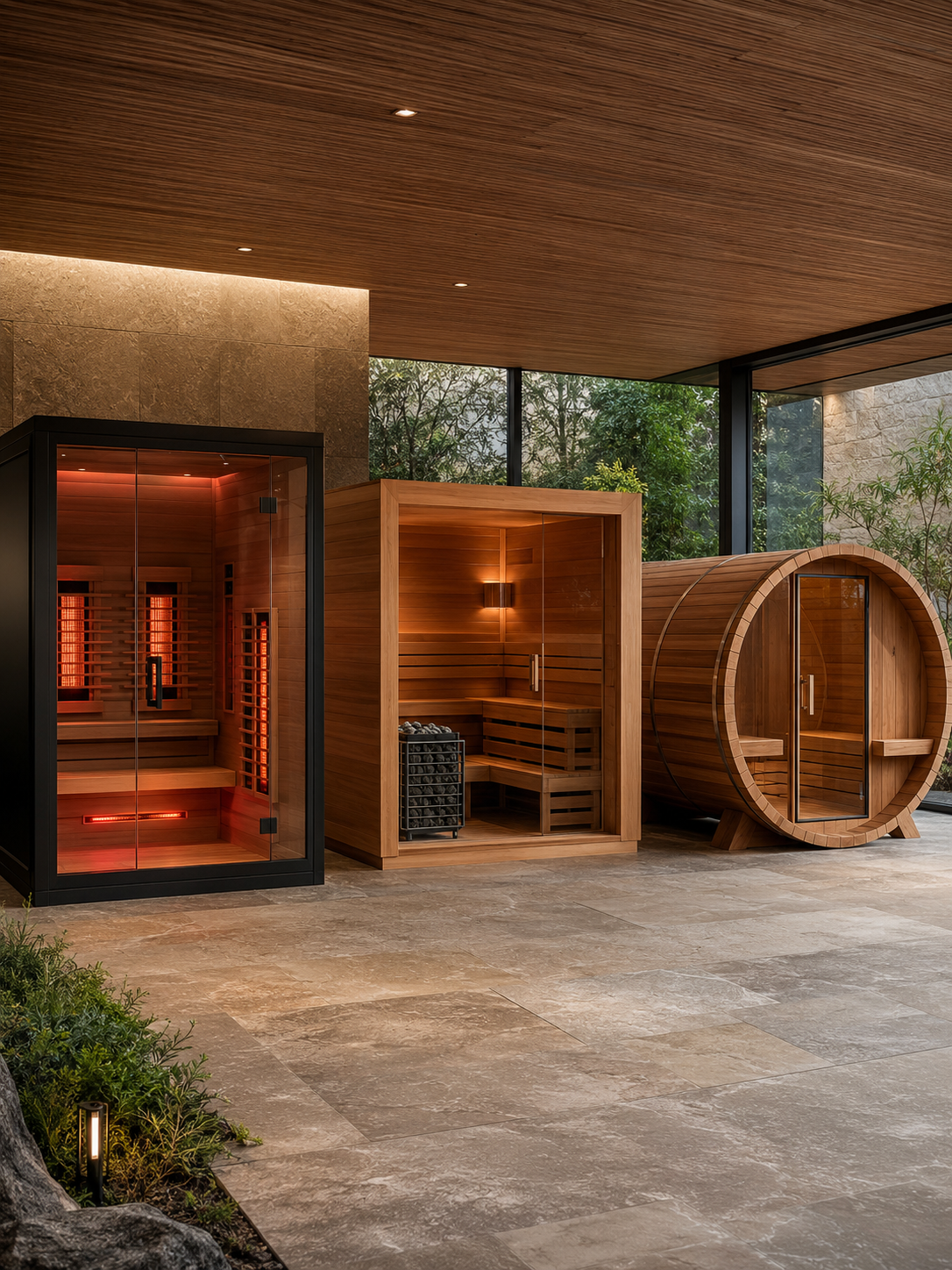 Luxury sauna showroom featuring infrared, traditional, and outdoor barrel saunas