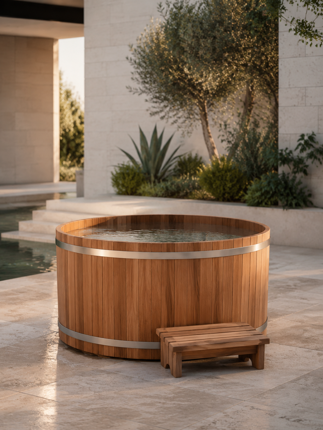 Premium cedar cold plunge in a luxury outdoor courtyard