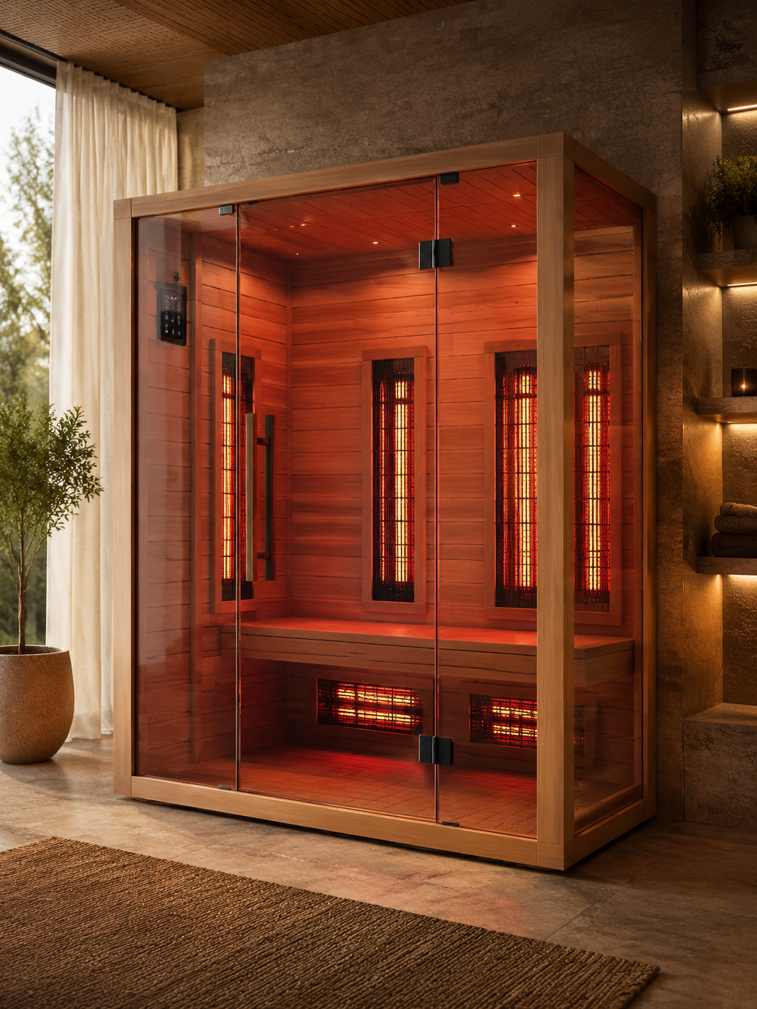 Luxury indoor infrared sauna with visible glowing infrared heater panels