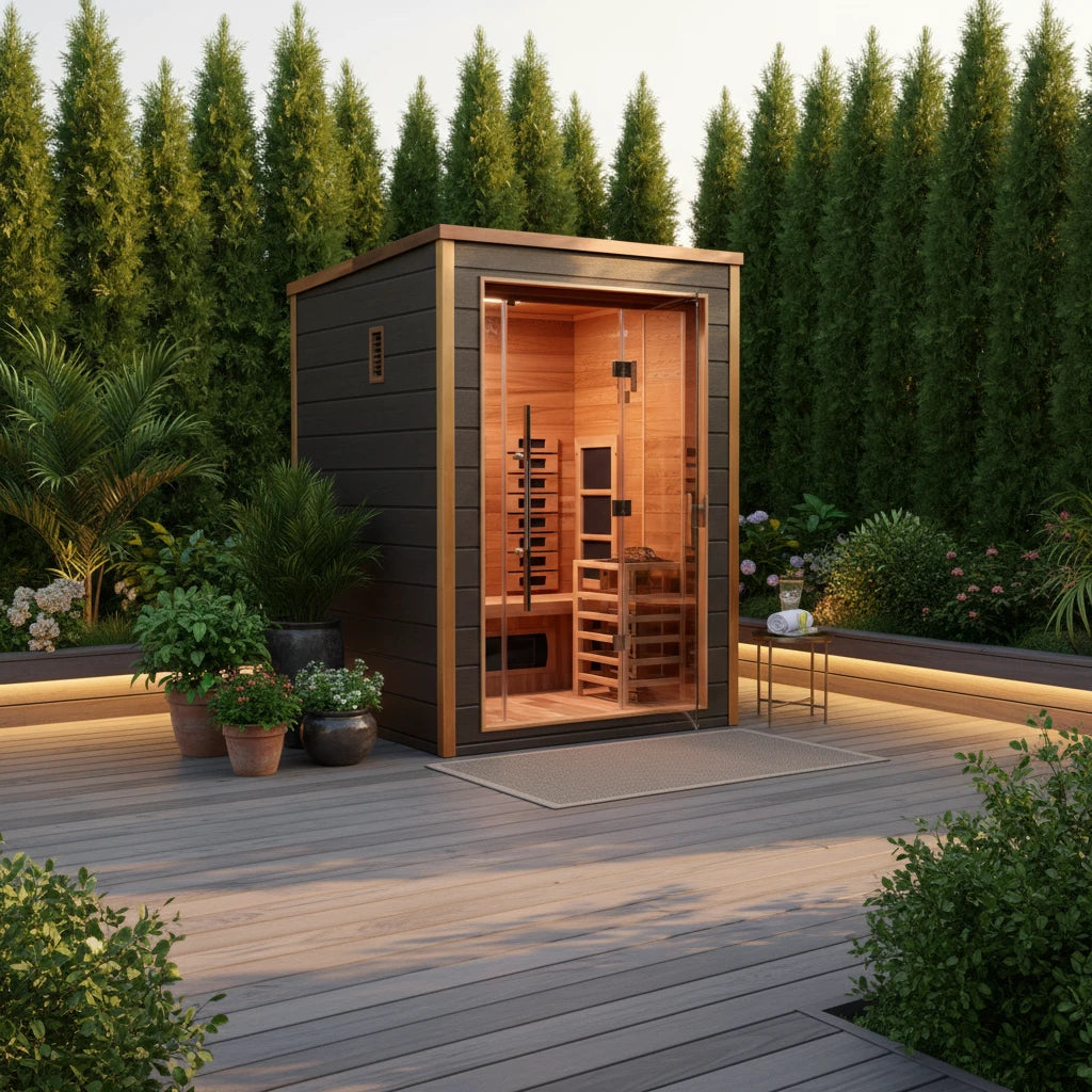 Golden Designs Nora 2-Person Indoor/Outdoor PureTech Hybrid Full Spectrum Sauna – Canadian Red Cedar