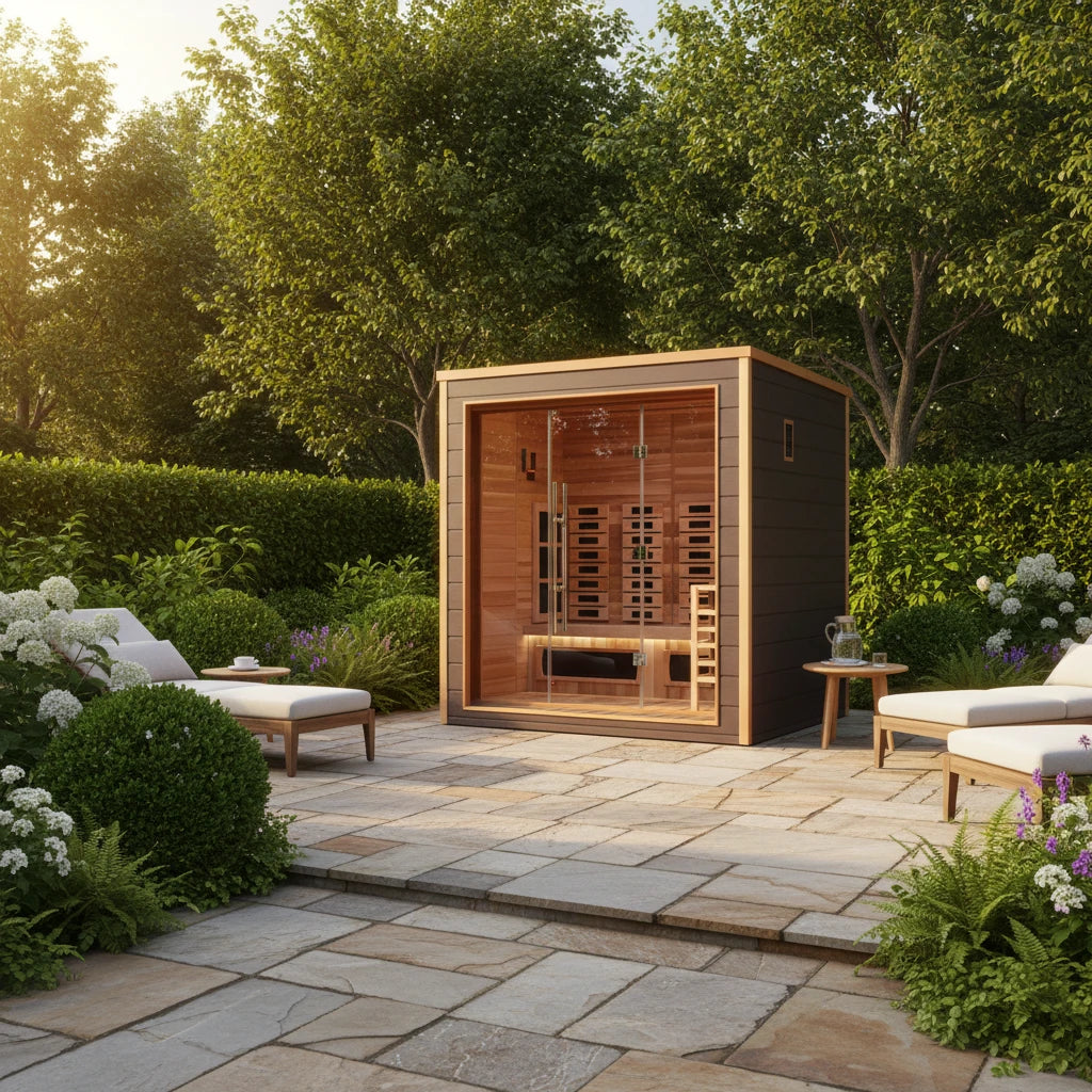 Golden Designs Visby 3-Person Indoor/Outdoor PureTech™ Hybrid Full Spectrum Sauna – Canadian Red Cedar