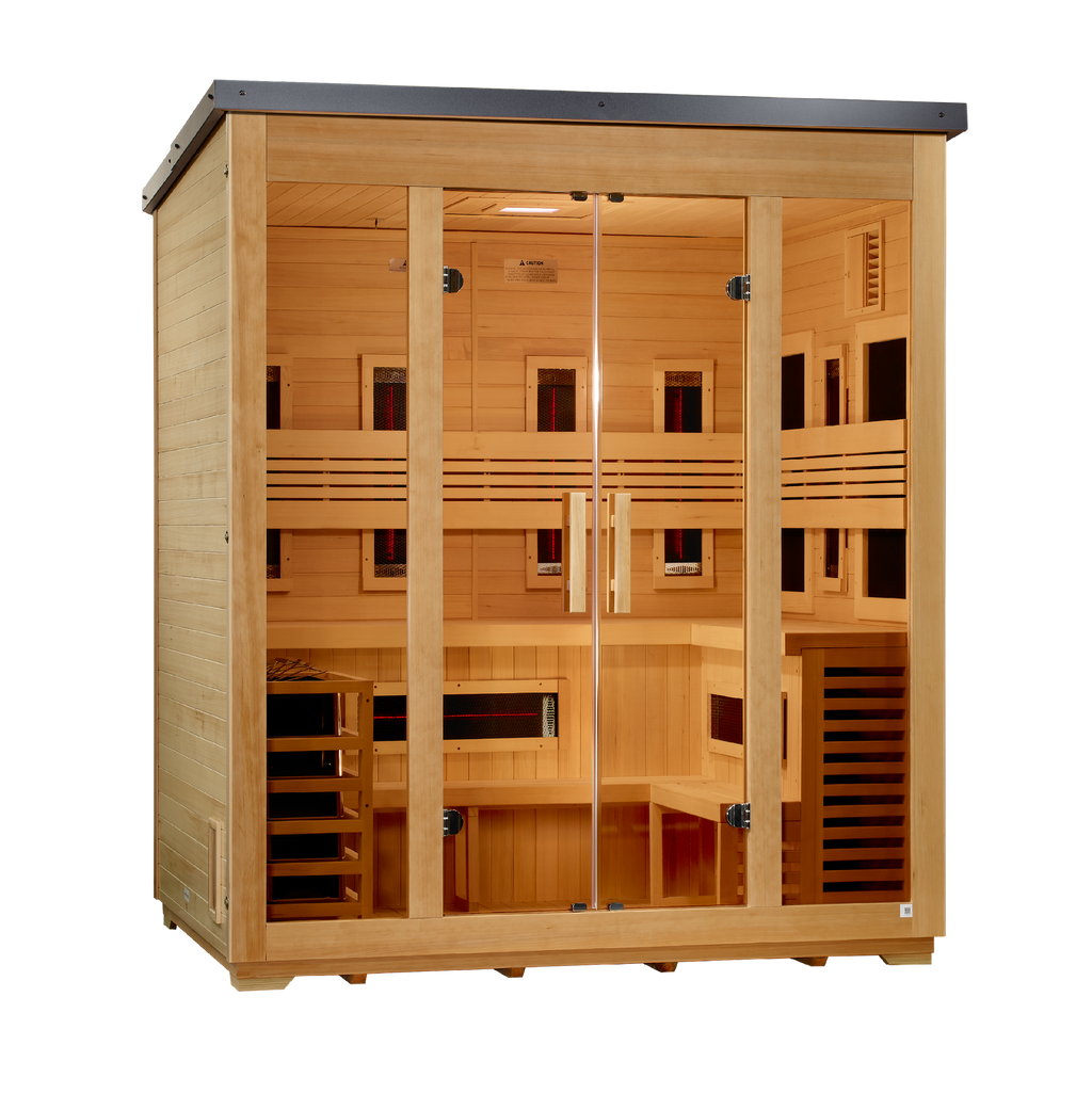 Golden Designs Gargellen 5-person hybrid outdoor sauna left view